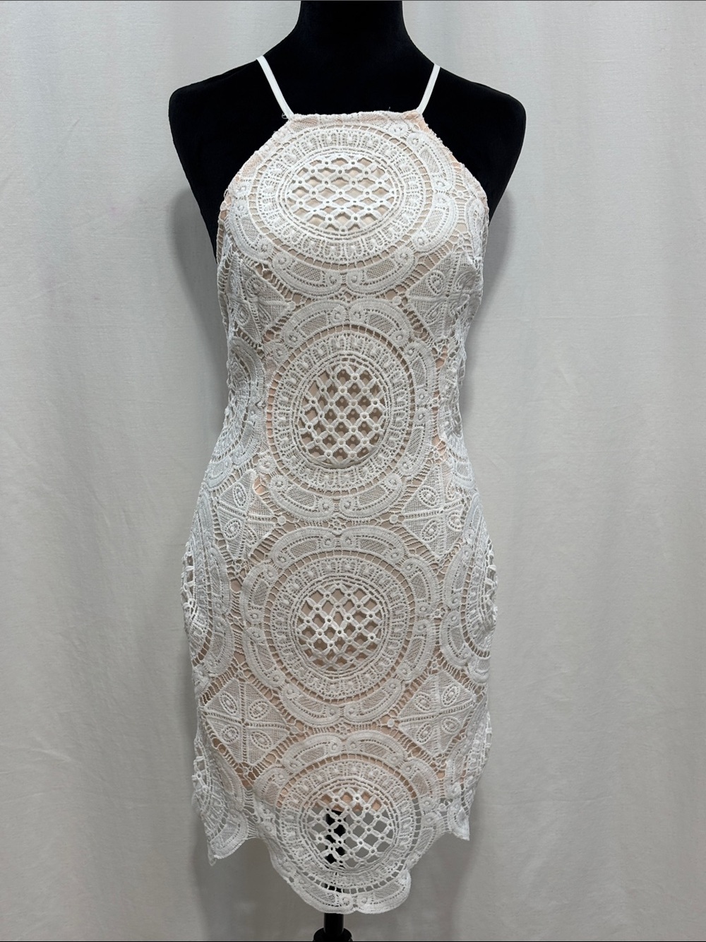 Crochet Lace Halter Mini Dress White Small trendy travel summer party chic 303